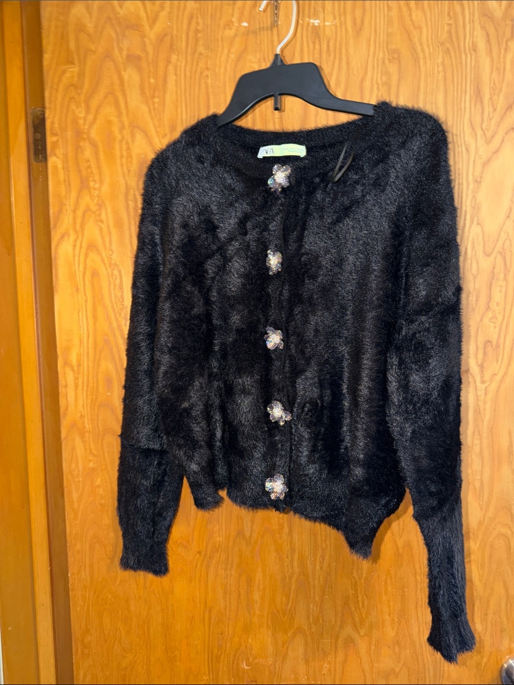 Zara Black Fuzzy Cardigan with Jeweled Buttons